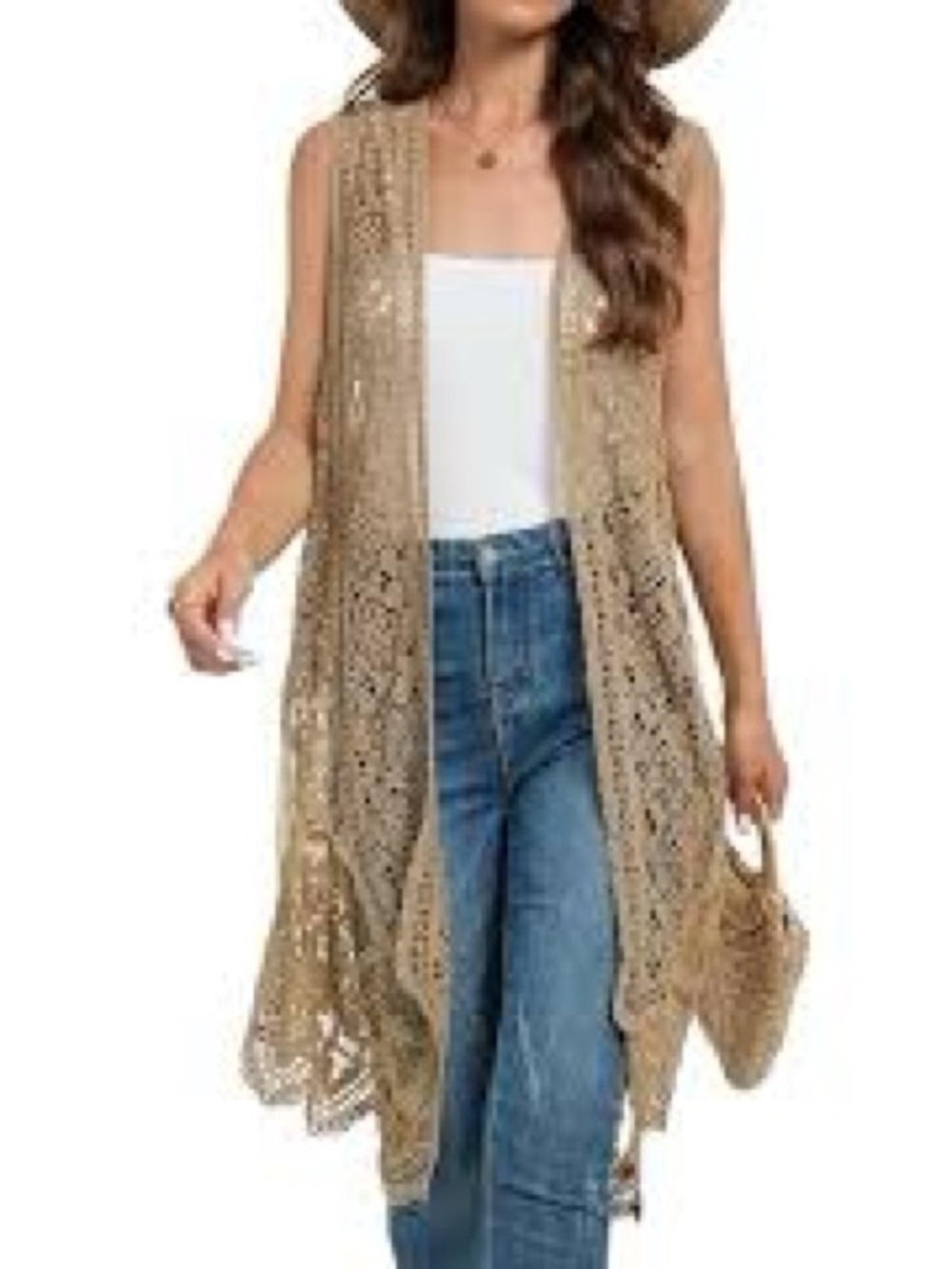Southern Stitch tan lace sleeveless duster vest.